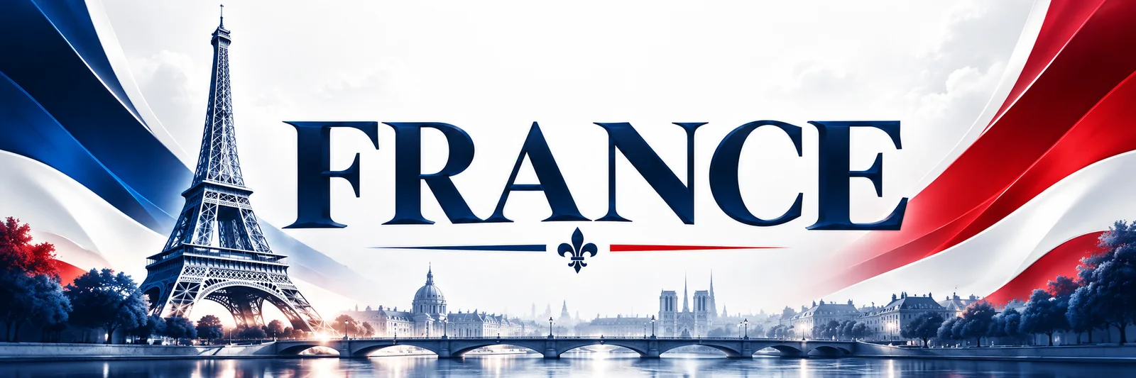 France banner with the Eiffel Tower, the Seine and the Paris skyline in blue, white and red